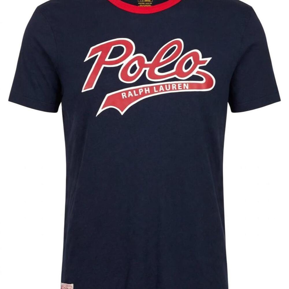 Polo Ralph Lauren T-Shirt Mens L Navy Red Ringer Script Logo Custom Slim Fit Tee